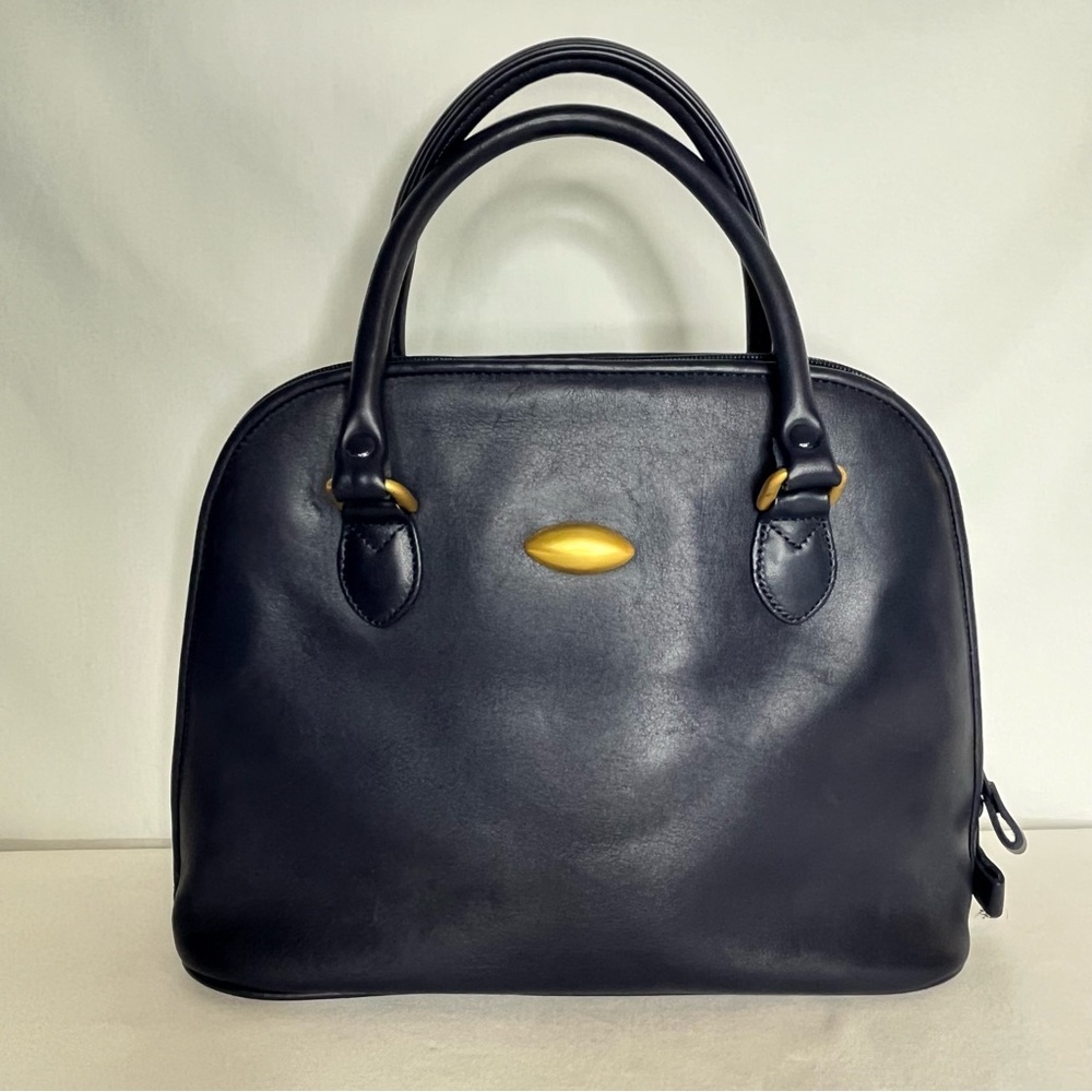 Navy Blue B.G. Street Leather Purse With Brass Accents. Zip Closure. Indonesia
